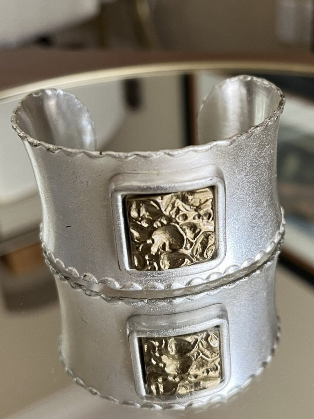 Rustic Cuff Wide Metal Bracelet Brutalist Style Comes in Gift Box - Picture 2 of 3